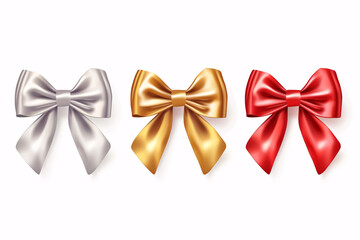 A colorful array of metallic foil bows in red, white, gold and silver with a shadow effect against a white backdrop is perfect for adding festive flair.
