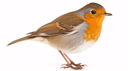 A robin (Erithacus rubecula) is solitary against a white backdrop.