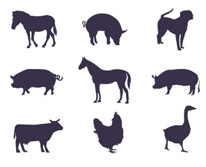 A set of silhouettes of farm animals