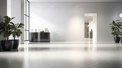 Porcelain tiles laid out in a herringbone design, reflecting soft overhead light in a minimalist...