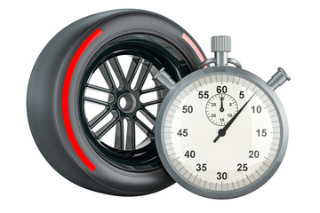 Stopwatch with racing wheel red soft, compound type tyre. 3D rendering isolated on transparent background