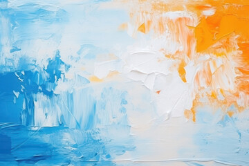 An abstract expressionist painting with bold blue and orange strokes, thick white textures, and a...