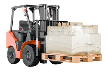 Forklift truck with parcels wrapped in the stretch film, 3D rendering isolated on transparent background
