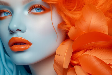 A stunning close-up portrait of a model with blue skin, contrasting orange makeup and feathers, exuding an avant-garde vibe. - obrazy, fototapety, plakaty