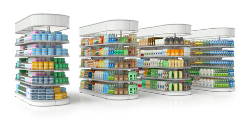 Trade shelf displays with a large topper and laid out goods. 3d illustration