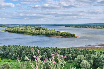 Toyma flows into Kama near town Yelabuga, Russia. Summer natural landscape.