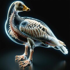A goose with a transparent body in which you can see internal organs and bones in detail. AI generated.