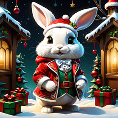 This little rabbit is so adorable, and he looks great in his Christmas-themed clothes and accessories! He's definitely getting into the holiday spirit, and he's sure to bring a smile to everyone's fac - obrazy, fototapety, plakaty