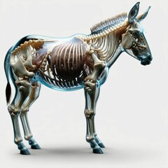 A donkey with a transparent body in which you can see internal organs and bones in detail. AI generated.