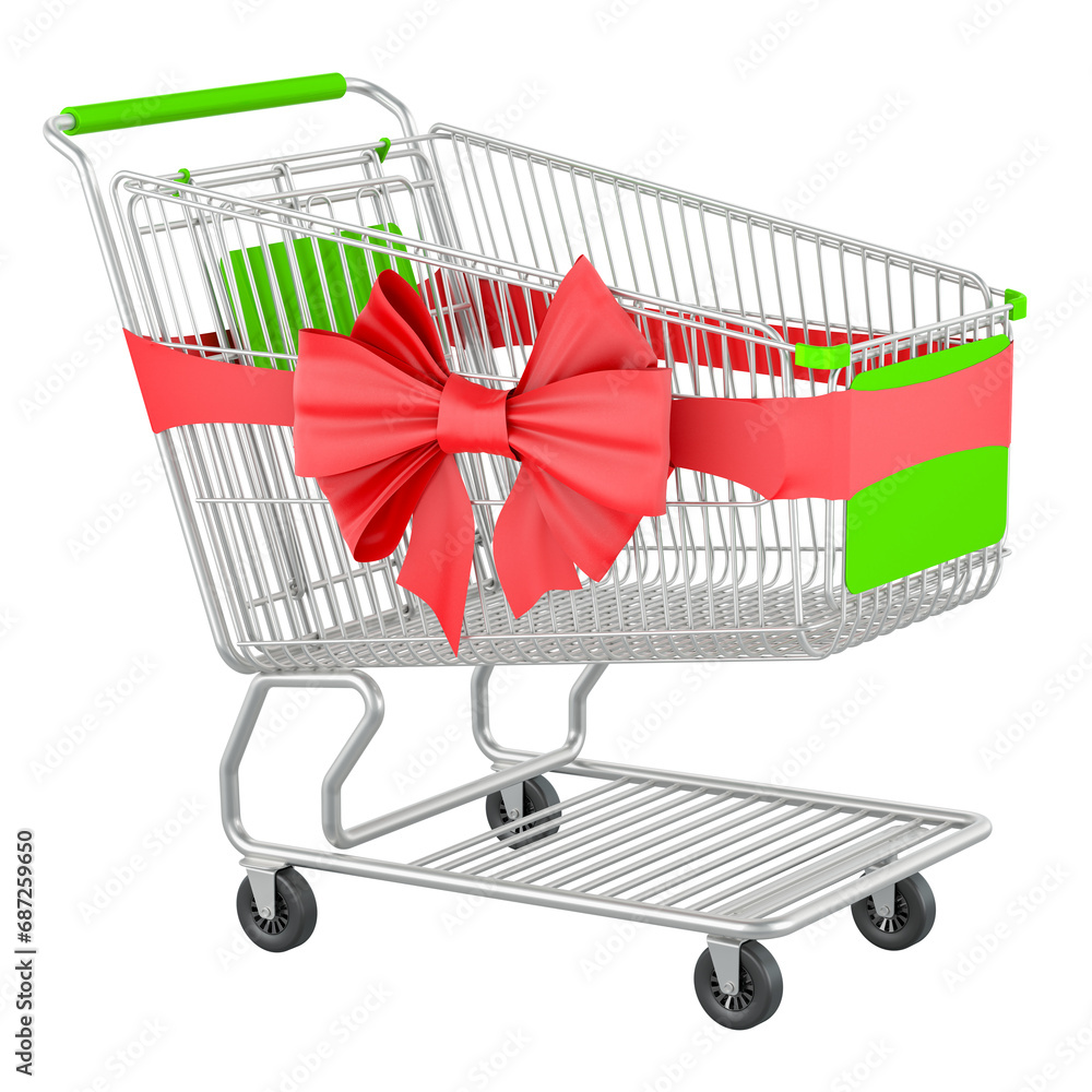 Poster shopping cart with red bow and ribbon, 3d rendering isolated on transparent background