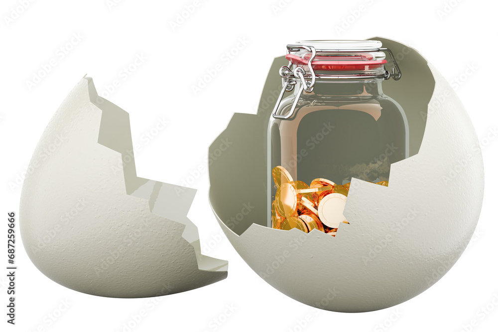 Poster glass jar with golden coins inside broken chicken egg, 3d rendering isolated on transparent backgrou