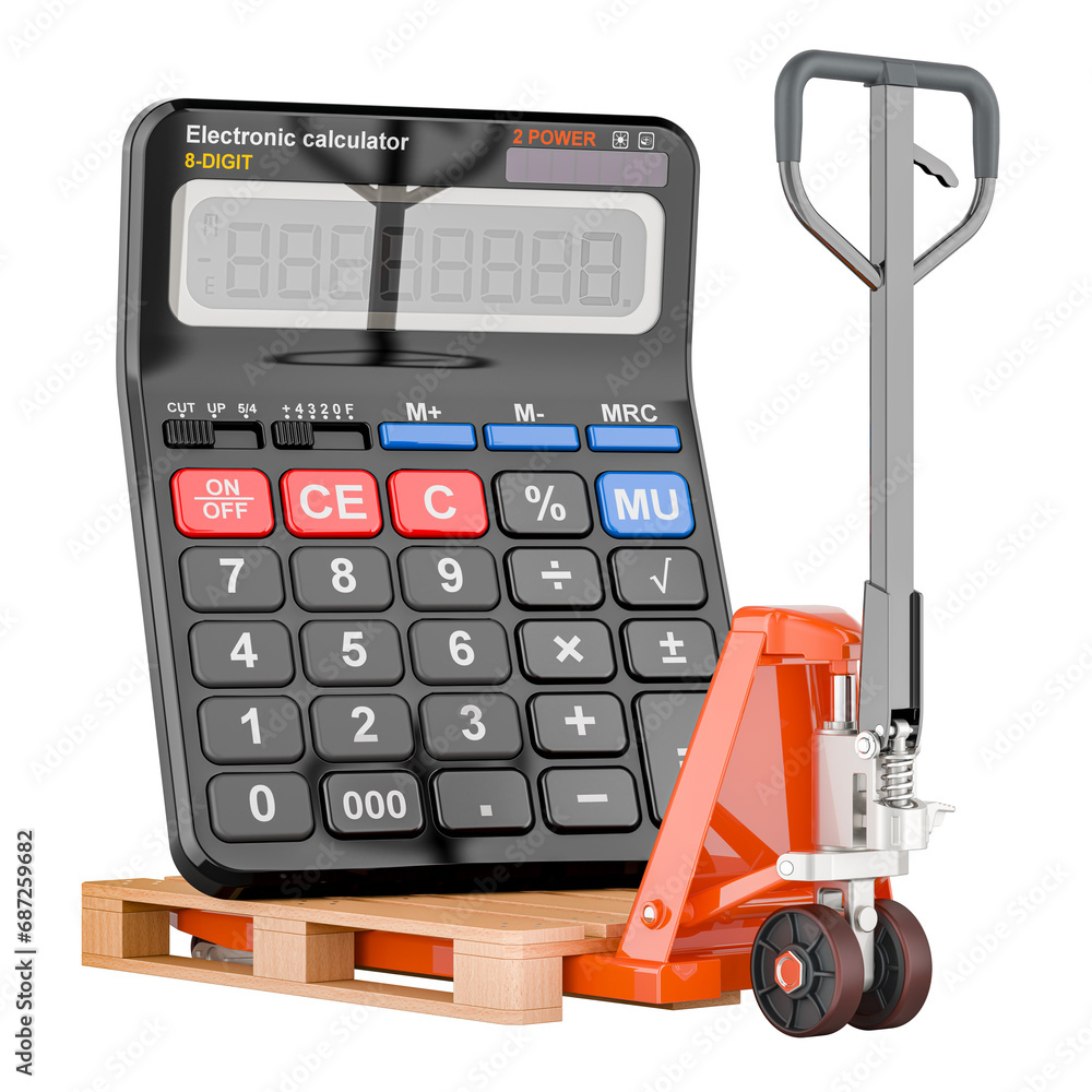 Poster hydraulic pallet jack with calculator. 3d rendering isolated on transparent background