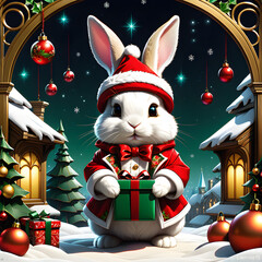 This little rabbit is so adorable, and he looks great in his Christmas-themed clothes and accessories! He's definitely getting into the holiday spirit, and he's sure to bring a smile to everyone's fac - obrazy, fototapety, plakaty