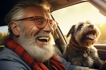 Happy senior man with his dog in a car. Traveling with pets concept - obrazy, fototapety, plakaty