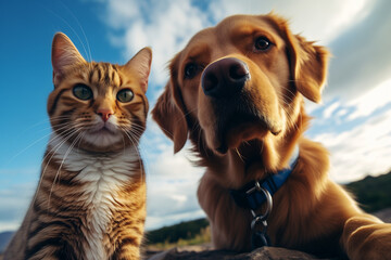 Selfie of cute cat and dog on the lawn in the park