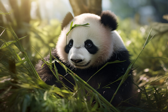 Adorable panda Happily eating On Bamboo On Tree Branch, natural habitat, wildlife conservation