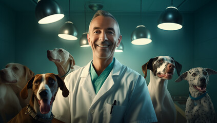 Compassionate Vet Smiling and Bonding with Adorable Dogs, Providing Expert Care and Creating a Positive Animal Healthcare Experience