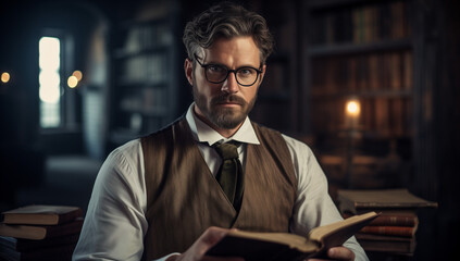 Fototapeta premium Handsome School Teacher, Educator, and Mentor in Thoughtful Pose, Symbolizing Knowledge, Guidance, and Dedication to Learning. Ideal for Educational and Professional Concept Designs