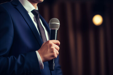 Close up of businessman holding microphone in conference hall. Business meeting concept