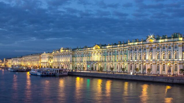 Day to Night Transition of Winter Palace and Pier on Palace Waterfront Timelapse in Saint Petersburg. Summer Sunset View from Palace Bridge