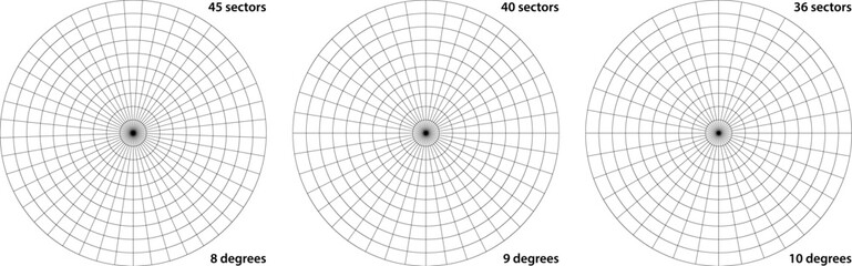 Polar grid divided into radial degree 36, 40 and 45 sectors and concentric circles. Radar screen bleep in submarine computer.