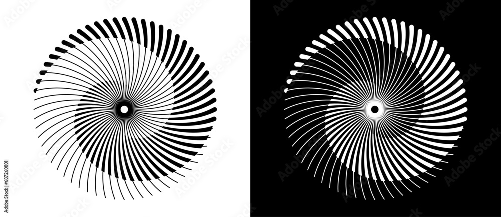 Poster lines in circle abstract background. dynamic transition illusion. black shape on a white background 
