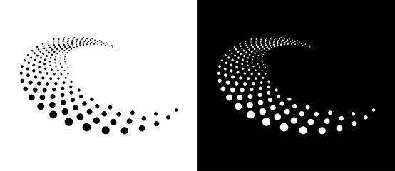 Modern abstract background. Halftone dots in circle form. Round logo. Vector dotted frame. Design element or icon. Black shape on a white background and the same white shape on the black side. - obrazy, fototapety, plakaty