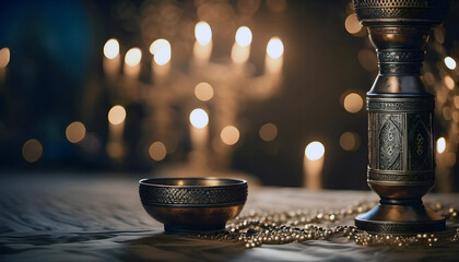 a wish lamp on a table against a background of blurred light, a lantern, an Arabic fairy tale bokeh