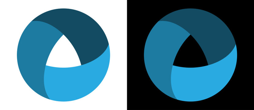 Blue circle with 3 parts. View to the same picture on white and black background.