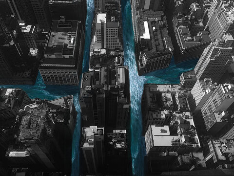 Flooded City Art, Aerial City View