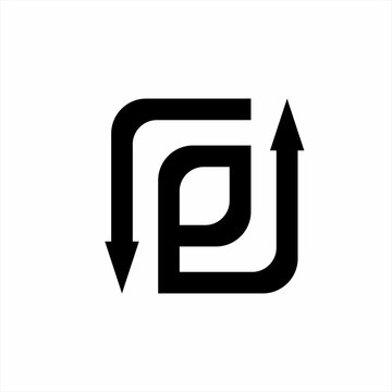 "Re" word logo design with up and down arrows.