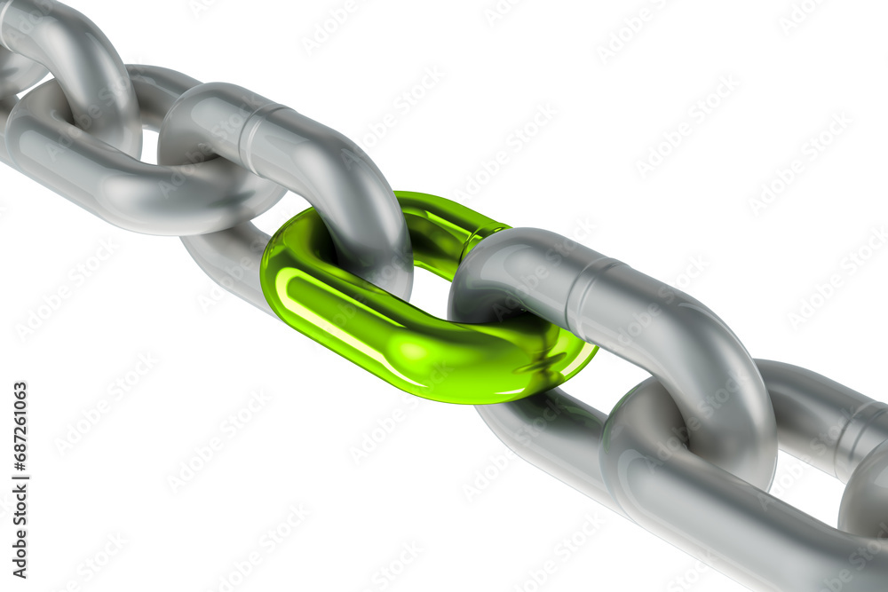 Poster chain with green link, 3d rendering isolated on transparent background