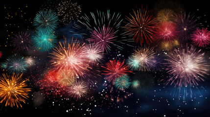 Colorful fireworks on the black background. Happy new year celebration.