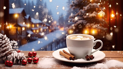 Cup of hot chocolate with marshmallows on a rustic wooden table, cozy Christmas atmosphere