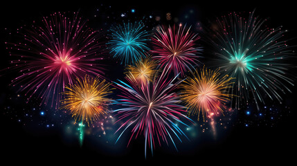 Fototapeta na wymiar Colorful fireworks explode illustration on black background.