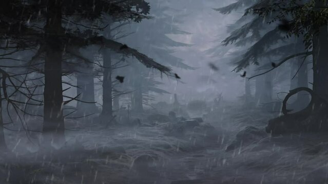 Trees in the scary dark forest in cartoon or anime illustration style video background