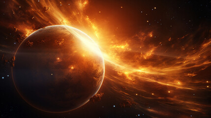 Realistic Illustration of Solar Flares Dancing Above the Horizon Background
