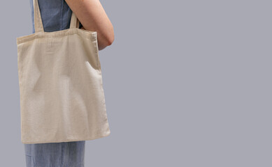 Carrying textile shopper, linen cloth tote bag, banner background