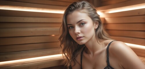 portrait of a young woman in a sauna - obrazy, fototapety, plakaty