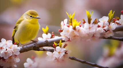 Yellow Warbler Perching Among Cherry Blossoms