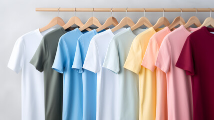 Assorted Color T-Shirts on Wooden Hangers Against White Background
