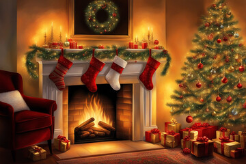 Fototapeta premium christmas tree and fireplace