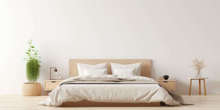 Cozy Elegance - Bedroom with Natural Wood Furniture and Beige Color Scheme - Blank Wall Ideal for Frame Mockup Template