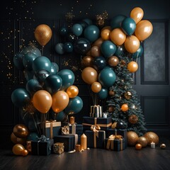 Fototapeta na wymiar photo zone balloons Area for celebrating Christmas tree decorated with garlands and ball