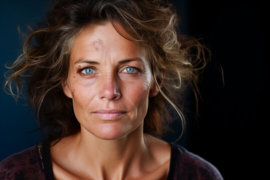 Mujer de edad mediana con expresi&oacute;n triste y angustiada, v&iacute;ctima del maltrato machista, con heridas en la cara