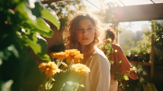 Cheerful girl with wavy hair smiling in a blooming garden