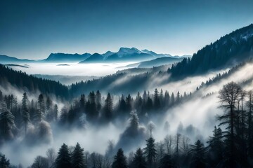 A panoramic view of a fog-draped valley, with winter-clad hills and a dense forest creating a serene winter landscape.