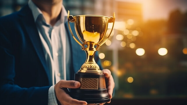 Business person and team leader holding award golden trophy