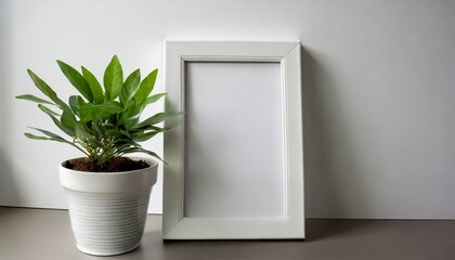 on a pristine white background a potted green plant accompanies an empty white photo frame waiting for memories to be captured - obrazy, fototapety, plakaty