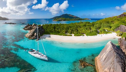 aerial pano of grand anse beach at la digue island in seychelles white sandy beach with blue ocean...